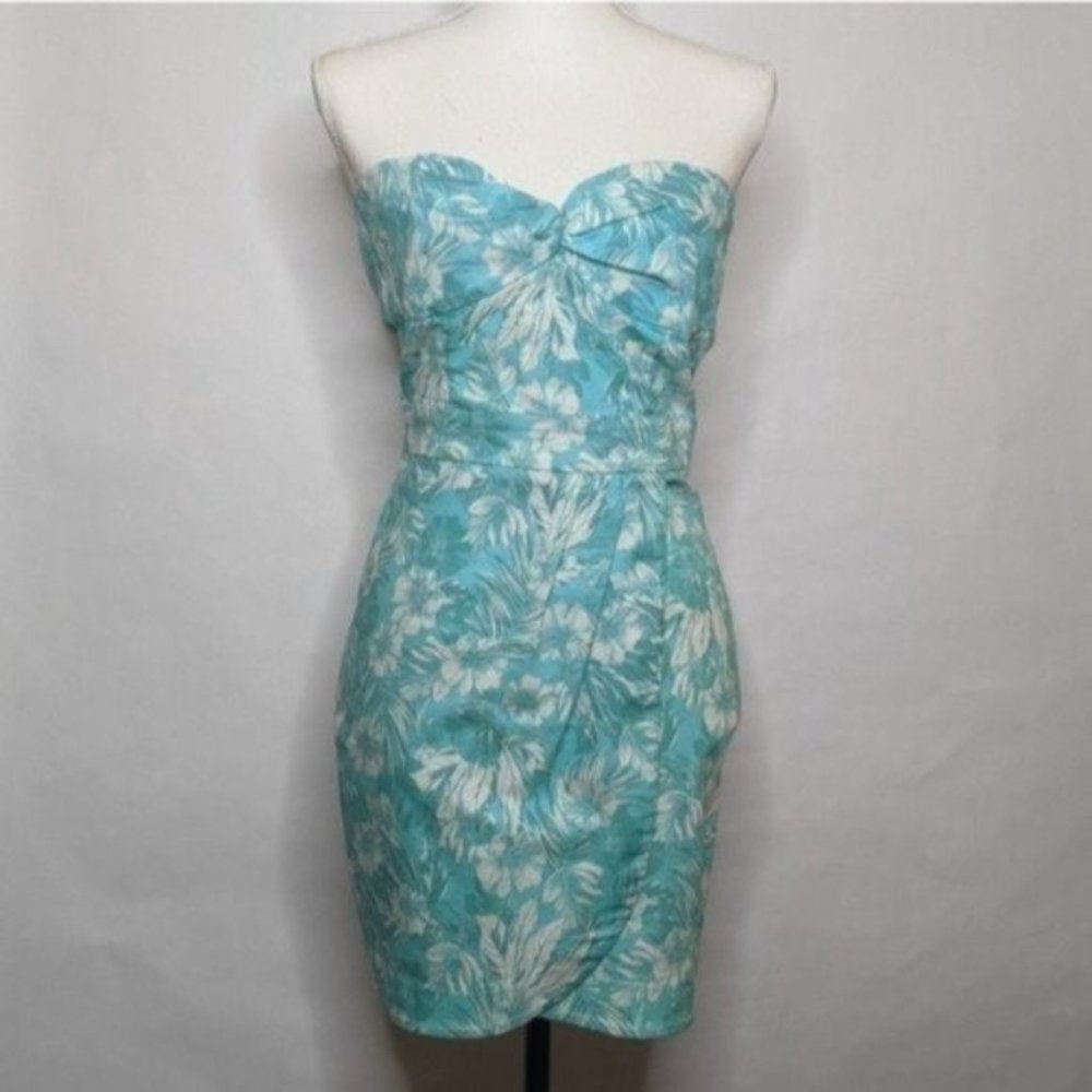 SUITE BLANCO DRESS HAWAIIAN STRAPLESS FITS SMALL TEAL BLUE TROPICAL VACAY DENIM - Picture 1 of 10